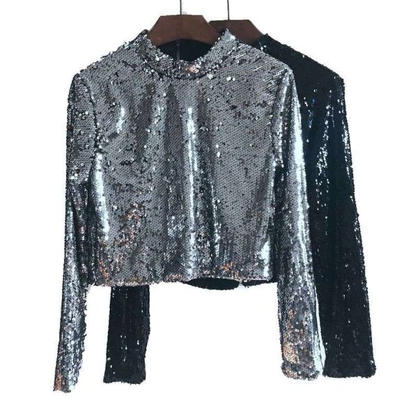 

2019 women's new high neck short sequin navel exposed long sleeve t-shirt for women, Black;gray