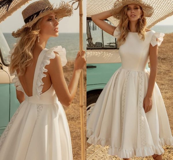 

short wedding dresses for bride 2021 knee length satin white sleeveless bridal gowns a-line gorgeous open back ruffles vestidos de mariee