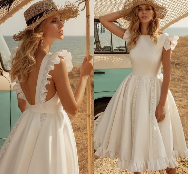 Abiti da sposa corti per la sposa 2021 Lunghezza al ginocchio Raso Bianco Senza maniche Abiti da sposa A-line Splendido Schiena scoperta Ruffles vestidos de mariee