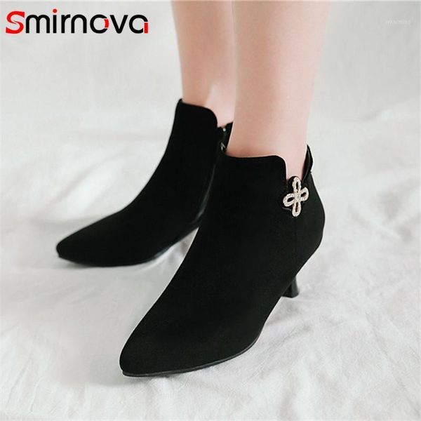 

boots smirnova big size ladies shoes 2021 fashion crystal flock woman med heel pointed toe ankle black zip1