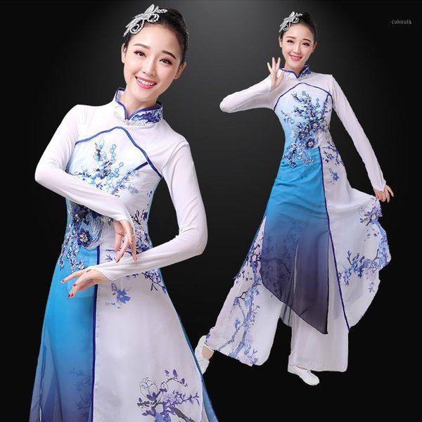 

classical dance costume female elegant blue and white porcelain chinese fan dance kite error ink solo suit set-s-4xl1, Black;red