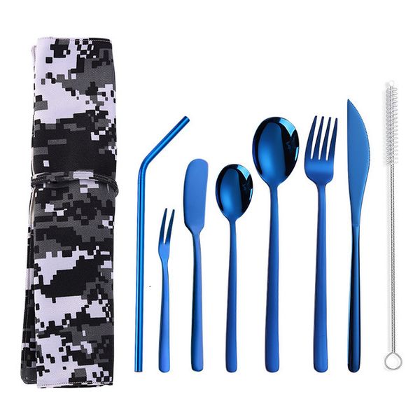

2021 new stainless steel butter knife tableware set dessert spoon fruit fork straw drinkware 8pcs/set ksee