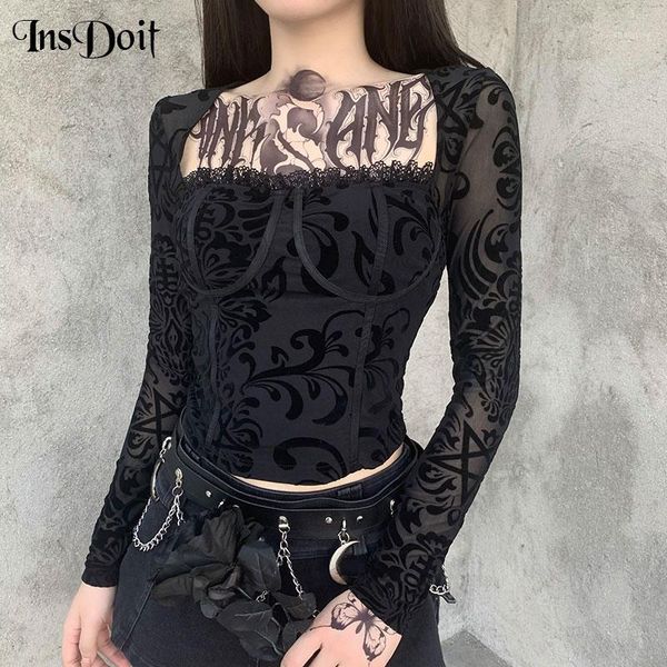 

insdoit harajuku gothic lace black vintage bra build mesh see through long sleeve women patchwork skinny 1, White