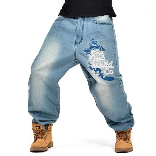 

men loose street dance jeans large jeans fashion loose big pockets hip-hop skateboard casual men denim design pants size 30-461, Blue