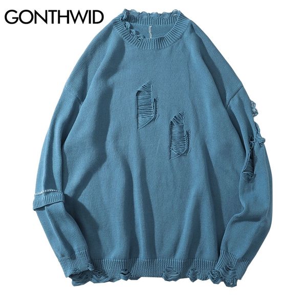 

gonthwid ripped distressed destroyed holes jumper sweaters streetwear mens hip hop harajuku casual loose knitwear blue 201022, White;black