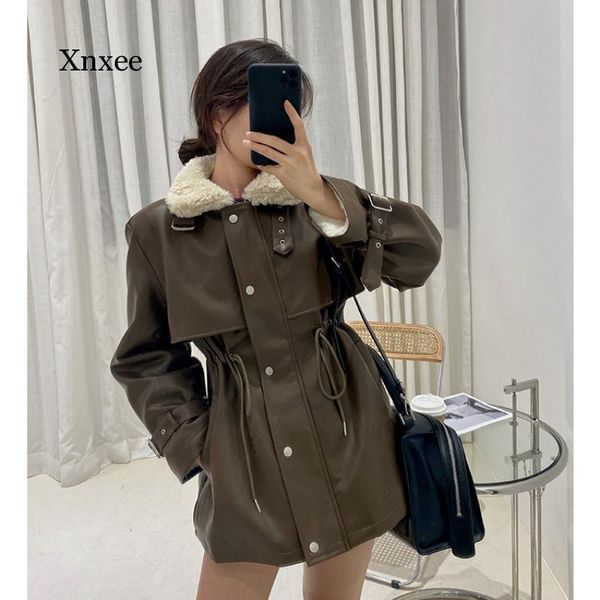 

women's leather & faux pu women autumn winter warm jackets lace up single-breasted coat turn-down collar belt korean outwear clothing, Black