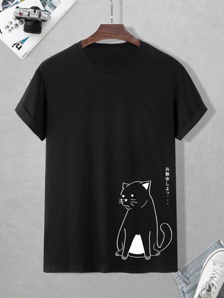 

men japanese letter & cat print tee l7zf#, White;black