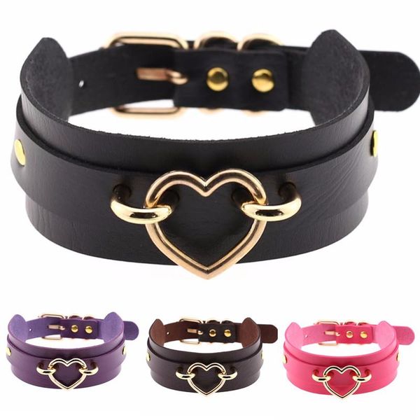 

diezi 2020 new office gothic wide gold heart metal choker pendant pu leather women statement bondage collar necklace jewelry, Golden;silver
