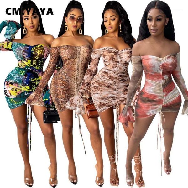 

cm.yaya tie dye letter women draped midi dress off shoulder flare long sleeve bodycon club party pencil mini ruched dresses1, Black;gray