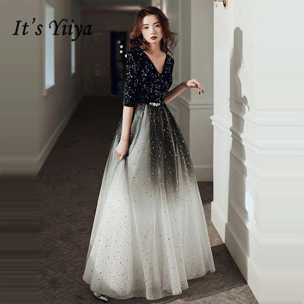 

it's yiiya evening dress for women gradient black shining evening dresses v-neck formal gowns hafl sleeve robe de soiree lj201124, White;black