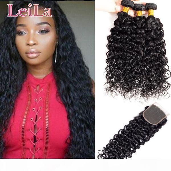 

brazilian virgin hair 3 bundles with 4x4 water wave bundles with closures wet and wavy 4pieces lot hair extensions, Black;brown