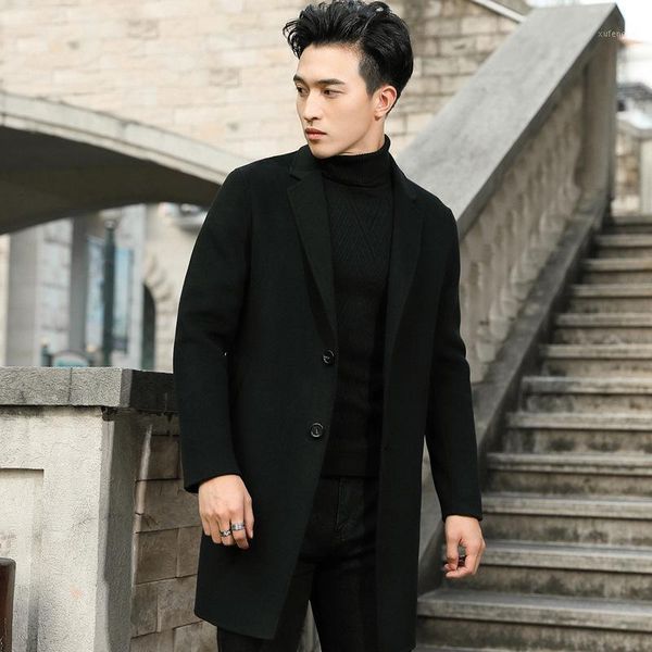

handmade woolen coat men's medium long wool nizi british windbreaker korean version cashmere double-sided men's coat1, Black