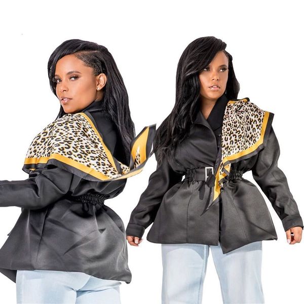 

wholesale new design fall casual leopard print patchwork ladies black coat with belt