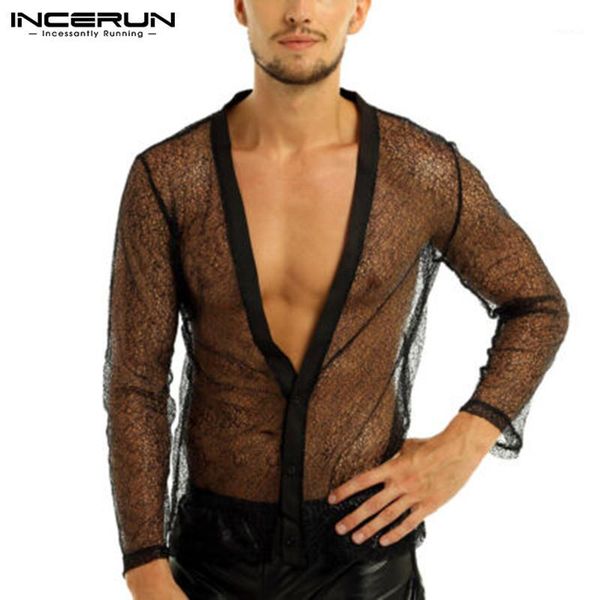 

incerun men mesh shirt long sleeve lace party nightclub deep v neck button transparent fashion see through shirts men1, White;black