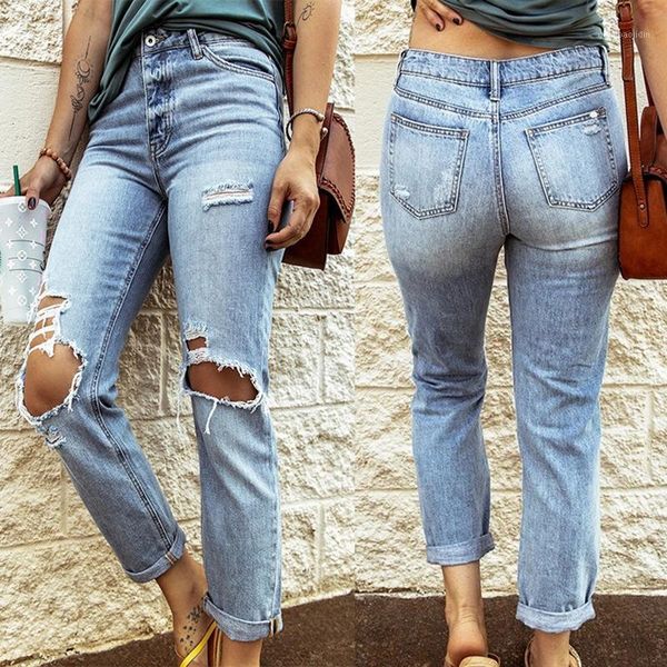 

2020 ladies fashion ankle length jeans ladies lapel slim fit pants student high waist straight loose punk jeans1, Blue