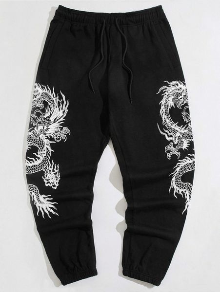 

men chinese dragon print drawstring waist sweatpants 476z#, Black