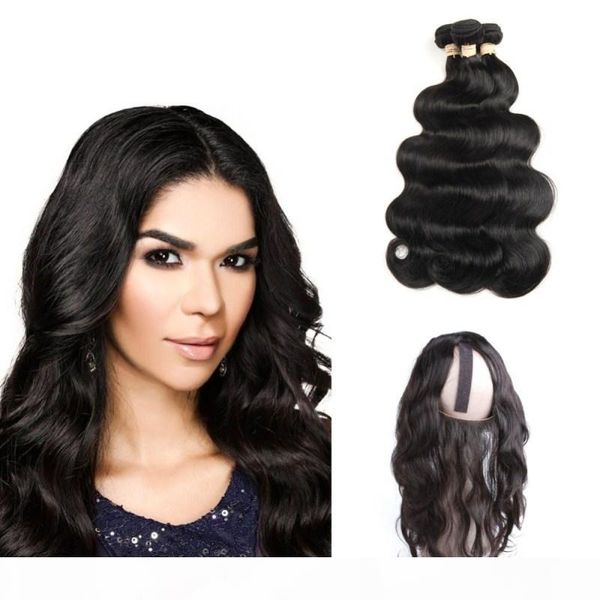 

hc hair pre plucked 360 lace frontal with 3 bundles body wave brazilian frontal closure with baby hair natural black non-remy hair