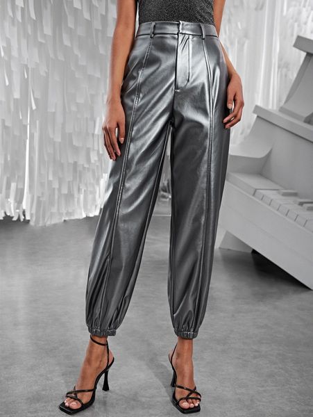 

high waist pu leather pants 03pu#, Black;white