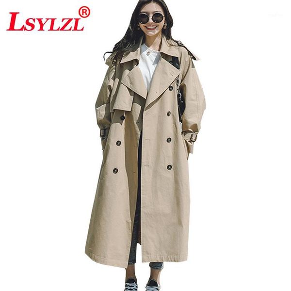 

2018 slim women trench coat spring autumn long spring belt high waist solid color double-breasted loose turn-down collar b6071, Tan;black