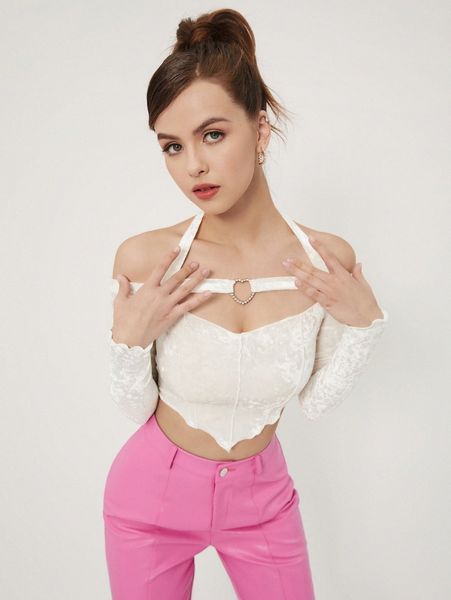 

rhinestone heart-ring cut-out halter off shoulder velvet h9vu#, White