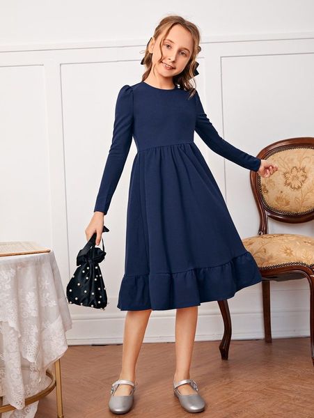 

girls puff sleeve ruffle hem dress she02, Red;yellow