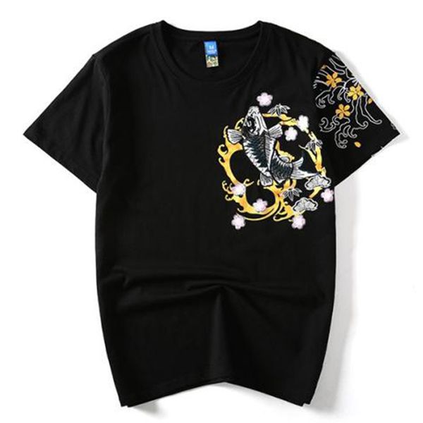 

2021 new hip hop male embroidered t chinese shirt fish cotton flower short sleeve casual neck retro harajuku summer superior youth opje opje, White;black