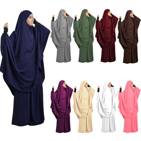 

2 piece ramadan khimar muslim women prayer set dress full cover islamic burka hooded arab jilbab umrah eid abaya worship service, Red
