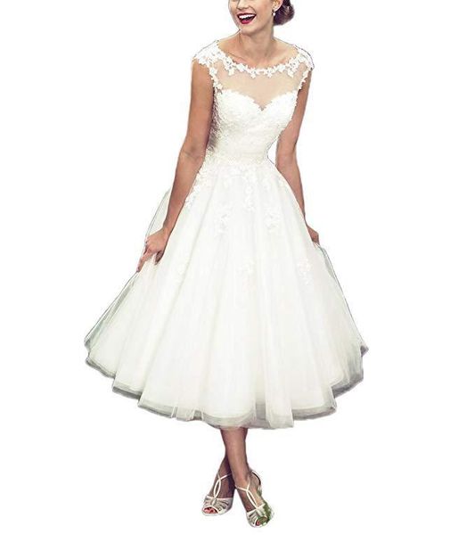 

vintage 50's style short lace wedding dresses scoop necktulle lace appliques tea length wedding gowns lace up back plus size bridal dre, White