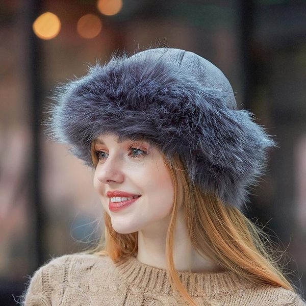 

autumn and winter ski dome thickened warm suede faux fur hats leather straw hats for men and women plus velvet, Blue;gray