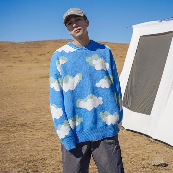 

winter cloud sweater men's warmth fashion retro casual knitted pullover men streetwear korean loose o neck sweater mens clothes, White;black