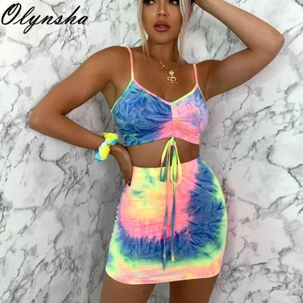

tie dye print skirts set women ruched crop tank bodycon mini skirt 2 piece set 2020 summer woman streetwear outfits1, Gray