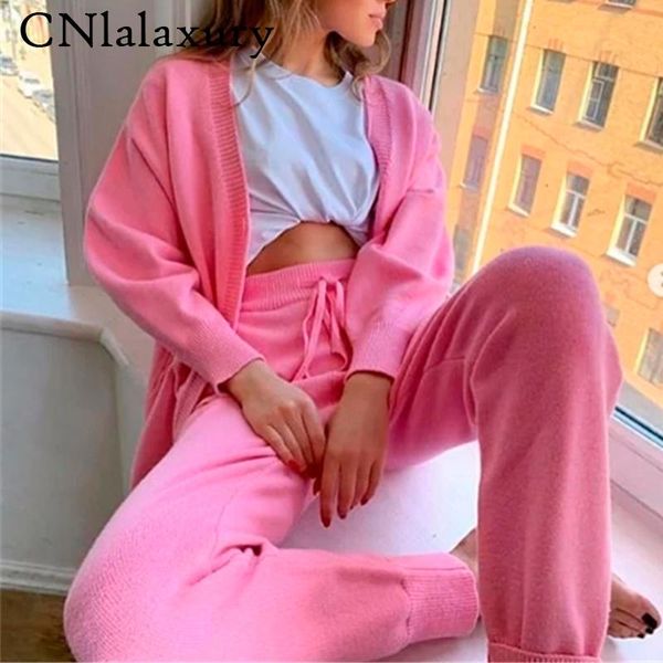 

women knitted tracksuit v neck sweater casual suit autumn winter 2 piece set knit pants sporting suit femme cardigan clothing, Gray