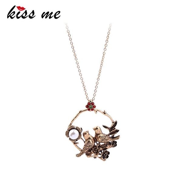 

pendant necklaces kiss me women long necklace antique gold color imitation pearl flower birds vintage jewelry, Silver