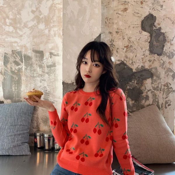 

cherry vintage women pullover sweater sweet kawaii korean oversize long sleeve female knitted jumper autumn winter pull femme, White;black