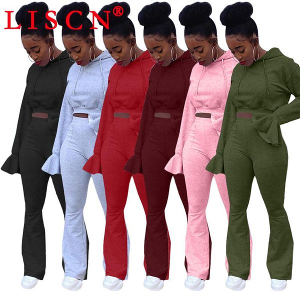 

women's tracksuits fall clothes for women solid color flared sleeve pants two-piece set hoodie sweatersuit long k5064, Gray