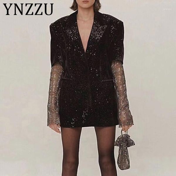 

ynzzu european style shining chic blazer women 2020 autumn mesh patchwork sleeve rhinestone women blazers and jackets a12471, White;black