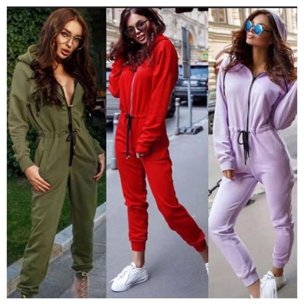 

ladies fashion loose hooded long sleeve front zipper tie slim jumpsuit sports casual wear, Black;white