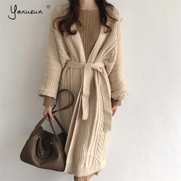 

yanueun autumn winter women's long cardigans with belt knitted warm korean style elegant casual long outerwear ladies sweater1, Black