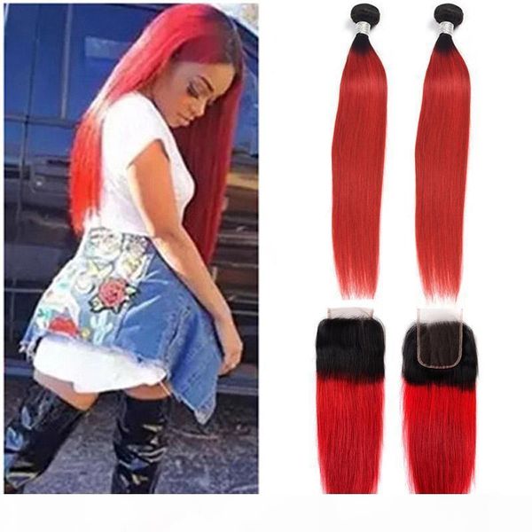 

brazilian virgin hair straight 1b red ombre human hair 2 bundles with 4x4 lace closure middle three part 1b red 3pcs, Black;brown