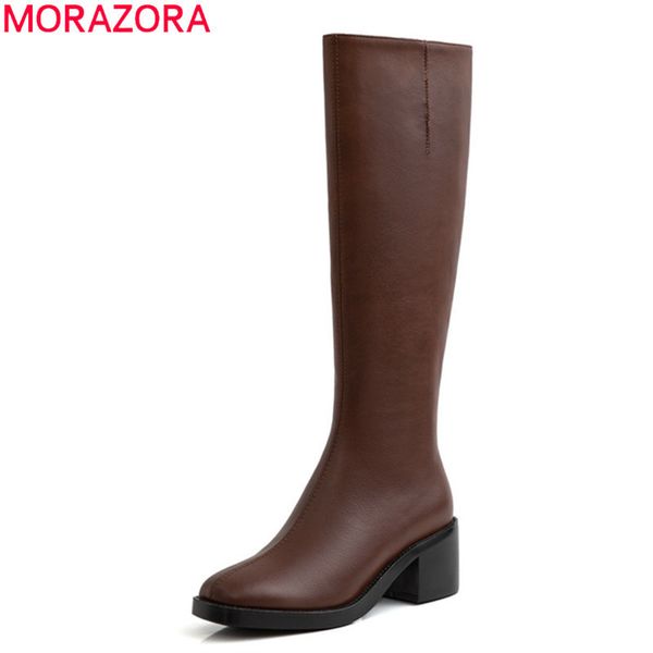 

morazora 2020 new brand genuine leather women boots thick high heels square toe ladies shoes black brown winter knee high boots t200425