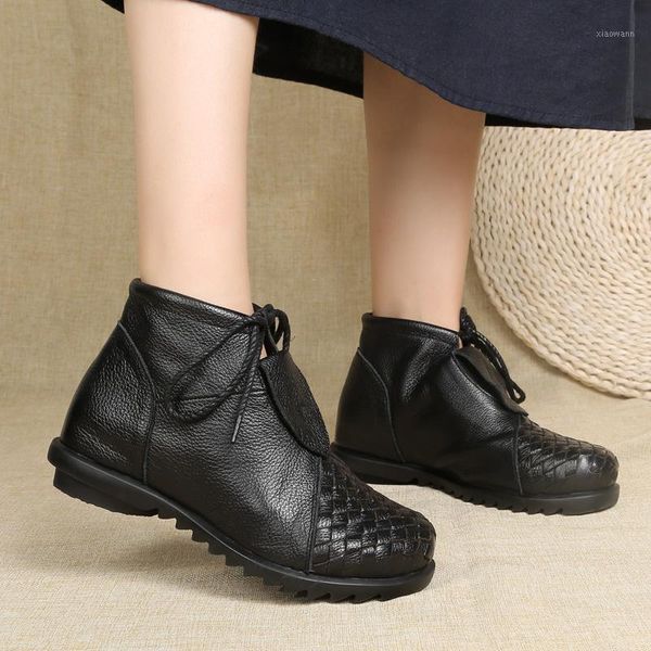 

boots ankle women soft genuine leather flats shoes casual buckle zipper round toe short boots new 2020 autumn winter girl1, Black