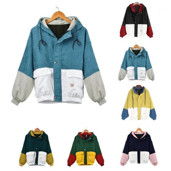 

fashion casual women long sleeve corduroy patchwork oversize jacket windbreaker coat overcoat1, Black;brown