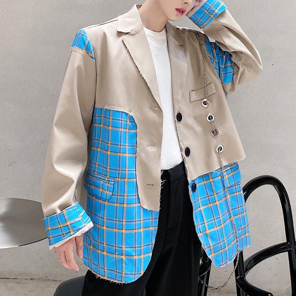 

hole chain plaid splice streetwear casual suit blazers coat men khaki vintage fashion hip hop suit jacket men broken edge metal, White;black