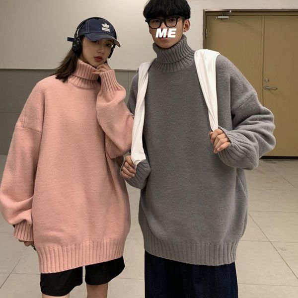 

men's sweater 2020 autumn new slim solid color lovers turtleneck long-sleeve sweater loose casual personality youth men's wear, White;black