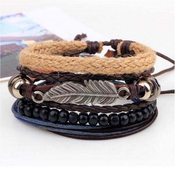 

4pcs/ set braided wrap leather bracelets for men vintage punk handmade diy charm wood beads ethnic tribal wristban jllcuu, Golden;silver