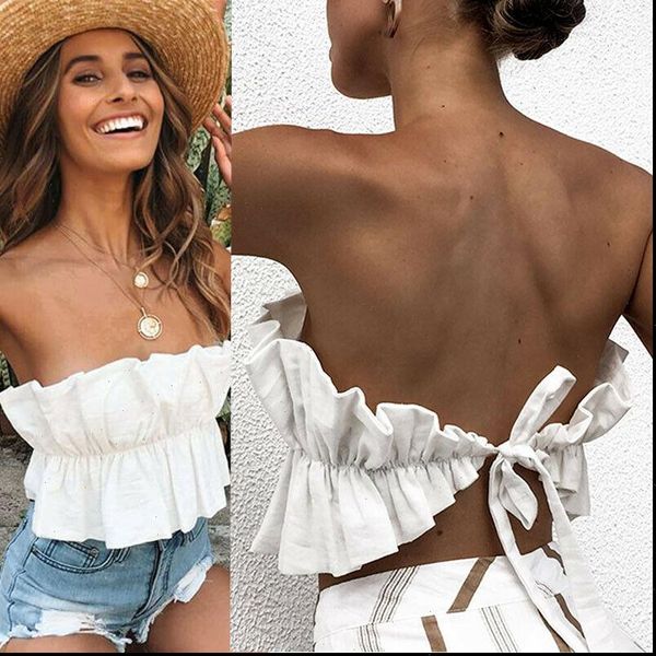 

summer ruffle singlet ruched sleeveless women tank backless bandage crop bralette club wear beach clothes new, White