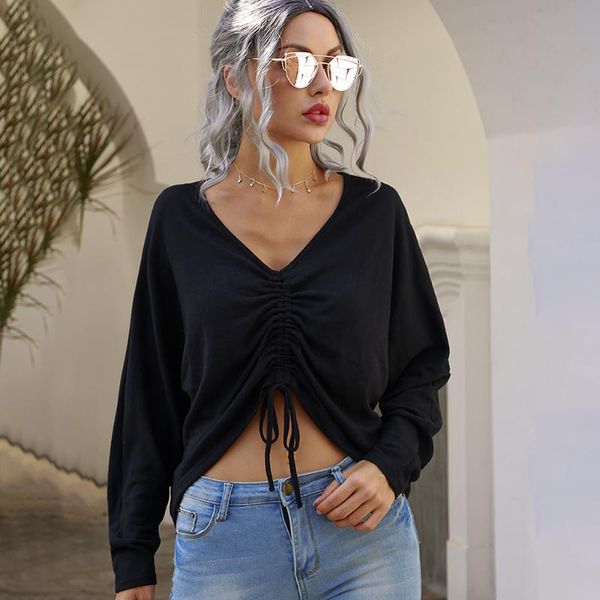 

women blouse v neck drawstring black shirts ladies autumn long sleeve shirts streetwear casual pullover d30, White