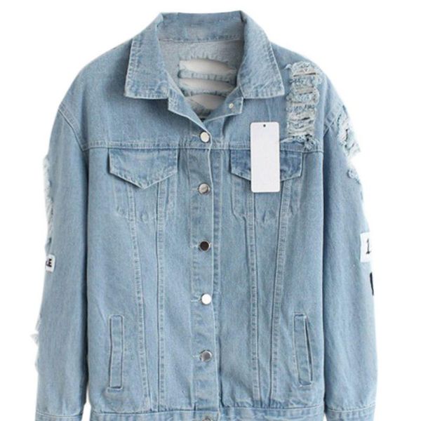 

ladies vintage outwear coat women frayed denim pockets decoration jacket single breasted appliques print autumn coat, Black;brown