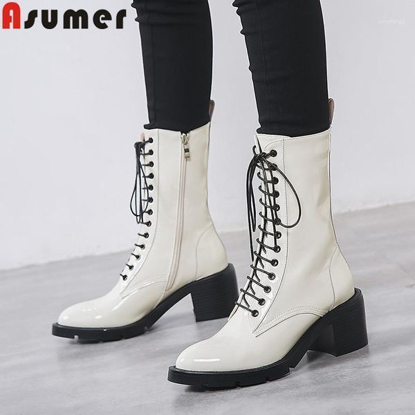 

asumer fashion new genuine leather boots round toe zip women ankle boots square heels cross tied autumn winter 2020 new1, Black