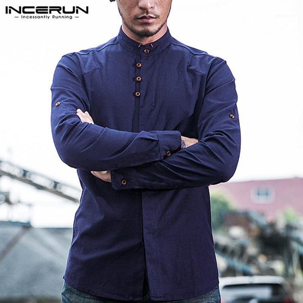 

incerun spring fashion men shirt stand collar solid long sleeve streetwear mens business brand shirts cotton camisas hombre 20201, White;black